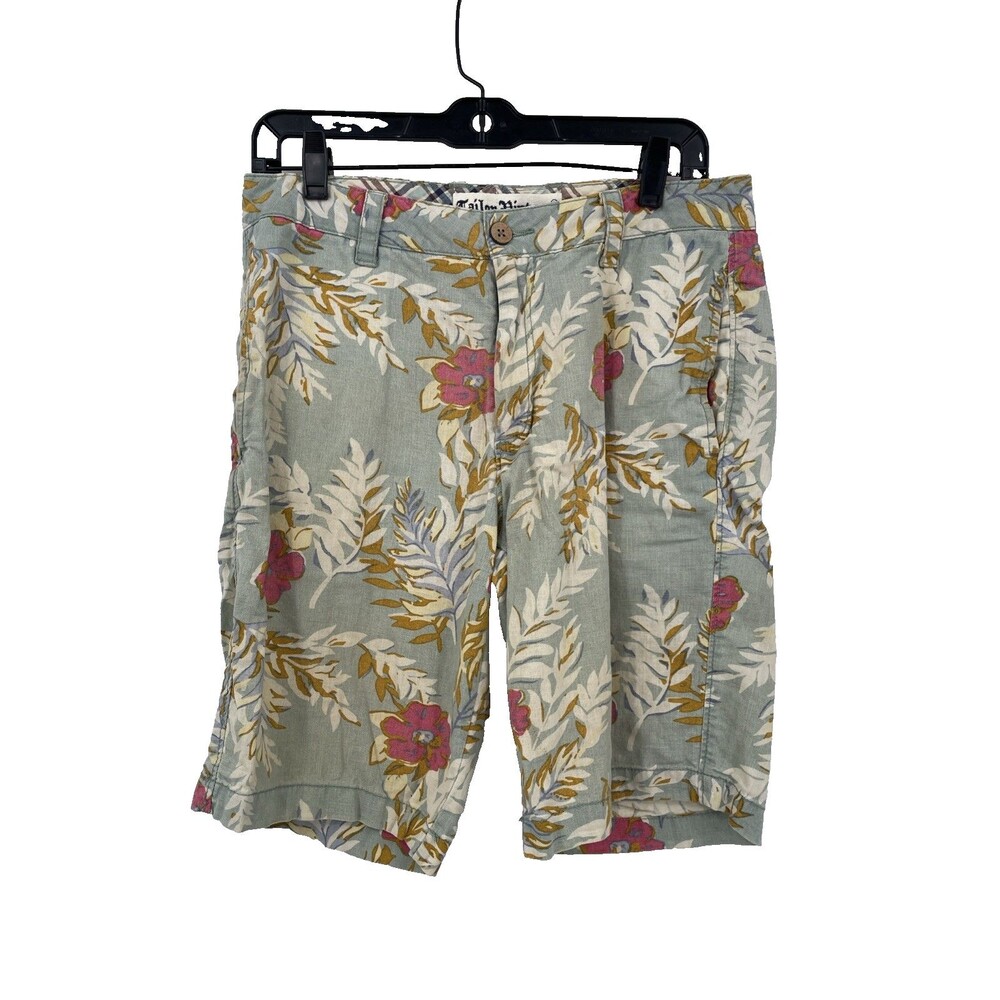 Men's Tailor Vintage Linen Cotton Sage Green Tropical Floral 10" Shorts Size 30